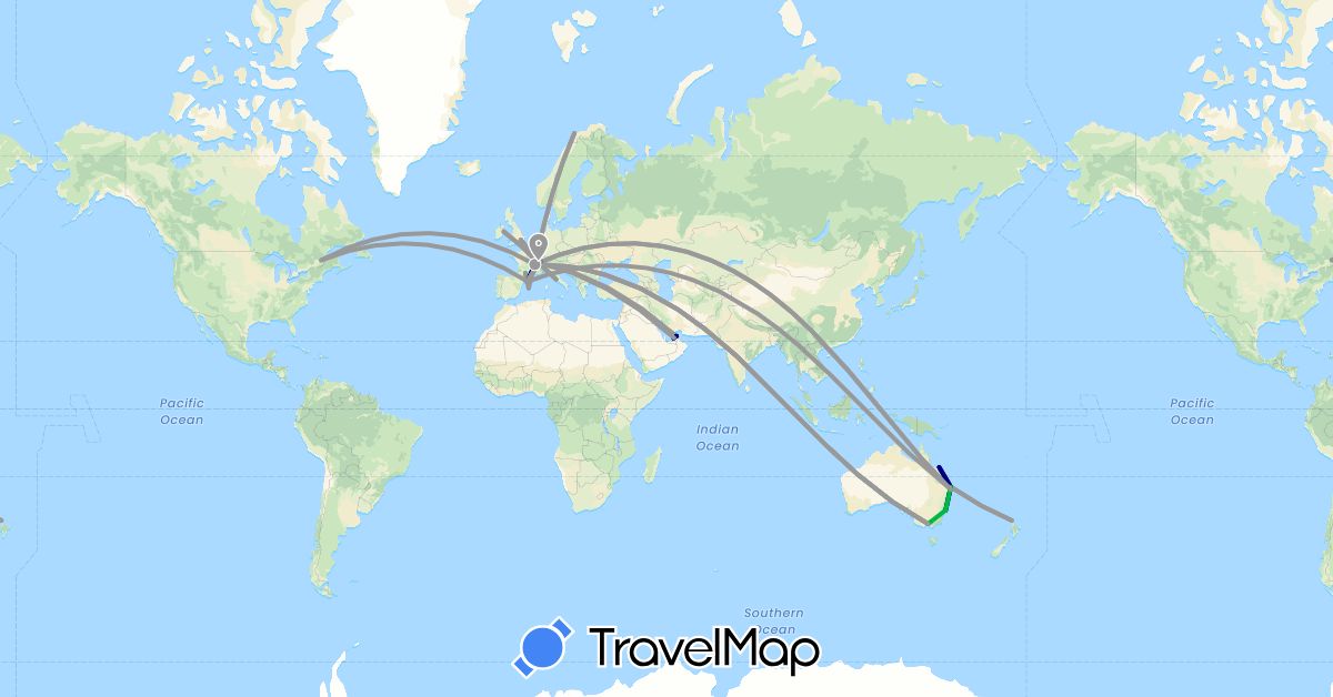 TravelMap itinerary: driving, bus, plane in United Arab Emirates, Australia, Canada, Switzerland, Spain, France, United Kingdom, Ireland, Italy, Norway, New Zealand (Asia, Europe, North America, Oceania)